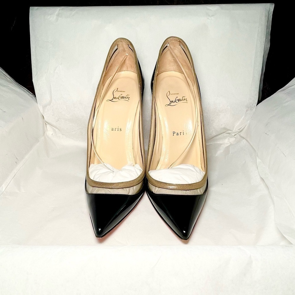 Christian Louboutin Kate 100 Black Patent Two-Tone clear PVC Pumps EU38.5